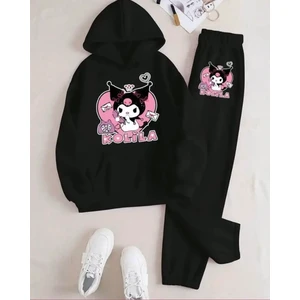 Kids Face Özel Tasarım Kapüşonlu Kuromi Kolila Baskılı Şardonlu Kışlık Kız Çocuk Eşofman Takımı
