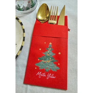 Kumaş Dokulu Kırmızı Yılbaşı Ağacı Mutlu Yıllar Baskılı Yılbaşı Peçetesi - Cepli Kırmızı Peçete 6lı Paket