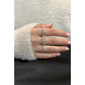 Trend Collection Zirkon Taşlı Gümüş Zarif Ayarlanabilir Zincir, Fiyonk, Kalp 3'lü Kadın Yüzük Seti