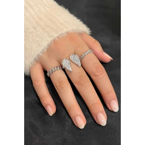 Trend Collection Zirkon Taşlı Gümüş Zarif Ayarlanabilir Melek Kanadı, Zincir, Yaprak Taç 3'lü Kadın Yüzük Seti