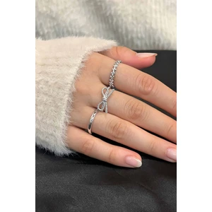 Trend Collection Zirkon Taşlı Gümüş Zarif Ayarlanabilir Fiyonk, Alyans, Yaprak Taç 3'lü Kadın Yüzük Seti