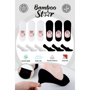 Bambu Kadın Babet Çorap Dikişsiz Görünmez Kaydırmaz Topuk Silikonlu Premium 3Siyah 3Beyaz 6'lı Beyaz Paket