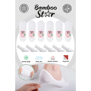 Bambu Kadın Babet Beyaz Çorap Dikişsiz Görünmez Kaydırmaz Topuk Silikonlu Premium 6'lı Beyaz Paket
