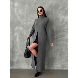 Balıkçı Yaka Uzun Yırtmaçlı Triko Panço Elbise