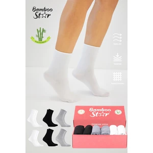 Bamboo Star Bambu Kadın Lastiksiz Beyaz-Siyah-Gri  Soket Dikişsiz Premium Çorap 6lı  Sıkmaz- İz Bırakmaz Çorap