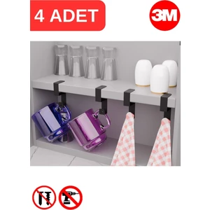 Siyah Metal Yapışkanlı 4lü Askılık Yapışkanlı Kanca Mutfak Banyo Havluluk ve Organizer MT108S