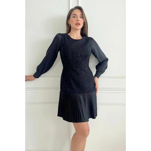 Zishan Fashion Etek Ucu Piliseli Şanel Kumaş Uzun Kollu Midi Boy Modern Tasarım Kadın Elbise 021