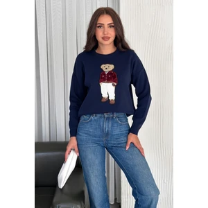 Zishan Fashion Ayıcık Desenli Standart Beden Triko Kadın Kazak 004