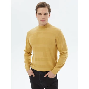 Sarı Yarım Balıkçı Yaka Jakarlı Yün Karışımlı Triko Kazak