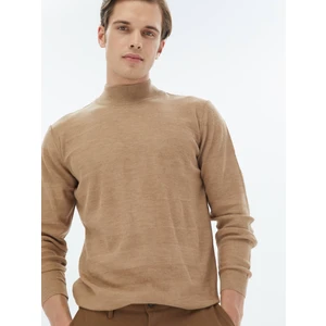 Deve Tüyü Yarım Balıkçı Yaka Jakarlı Yün Karışımlı Triko Kazak