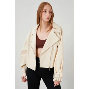 Kadın Naturel Yan Fermuarlı Kol Manşetli Balık Sırtı Gabardin Ceket