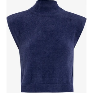 Dik Yaka Crop Düz Lacivert Kazak Kadın F4WL-KZK0391