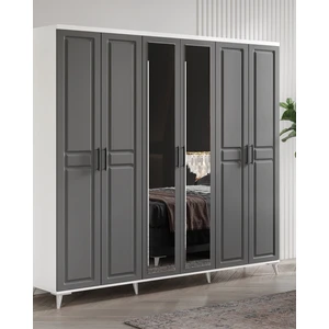 Ücretsiz Montaj - %100 MDF Sport 6 Kapaklı Antrasit Beyaz Aynalı Gardırop - MDF Dolap - Elbise Dolabı