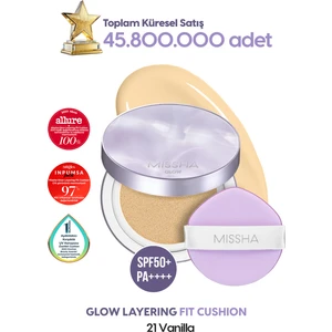 Yoğun Kapatıcı, Nemli ve Parlak Bitişli Cushion Glow Layering Fit Cushion No21 Vanilla SPF50+/PA++++