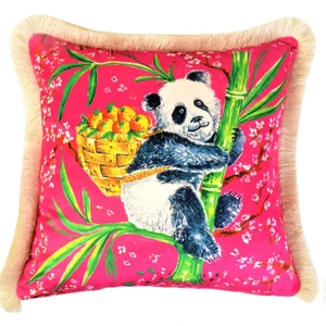 Ge Living Dekoratif Panda Desenli Pembe Kadife Kırlent Kılıfı ( 45  x  45 )