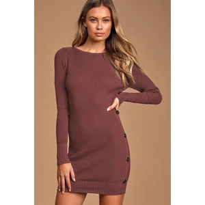 AQE FASHION Kadın Geniş Yaka Uzun Kol Yandan Düğme Detaylı Tarçın Triko Elbise