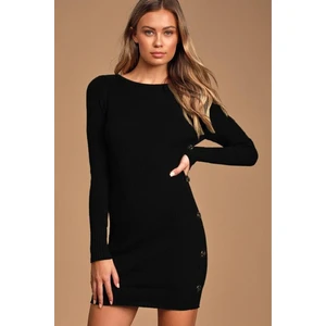 AQE FASHION Kadın Geniş Yaka Uzun Kol Yandan Düğme Detaylı Siyah Triko Elbise