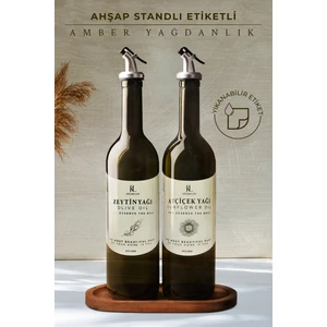 Kitchen Life Ahşap Standlı Amber 2'li 750 ml Zeytinyağı Sıvıyağ Şişesi - Ahşap Altlıklı Etiketli Cam Yağlık Seti