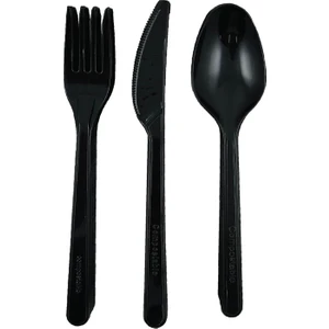 Sert Kalın Plastik Çatal - Bıçak - Kaşık 1. Kalite Lüks Siyah Çatal - Kaşık - Bıçak 3’lü Set