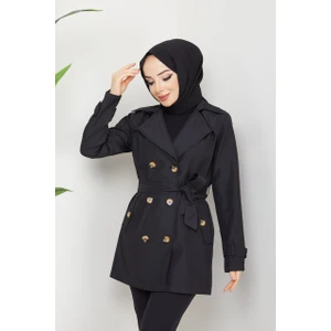 Kadın Degaje Kuşaklı Yarım Boy Astarlı Uzun Kollu Döğmeli Trençkot