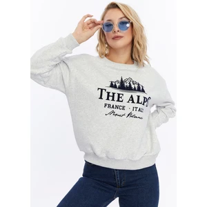 Kadife The Alps Desenli Gri Melanj Yumuşak Dokulu Regular Fit Bisiklet Yaka Kadın Sweatshirt