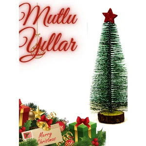 Yıldızlı Masa Üstü Çam Ağacı - 25 Cm, Karlı  Kütük Üzeri Mini Çam Ağacı