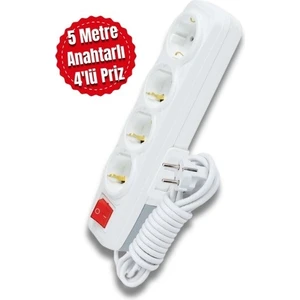 5 Metre 4'lü Anahtarlı Kablolu Grup Priz Topraklı 9247