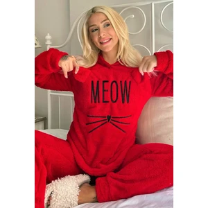 Pijama Evi Meow Desenli Tam Peluş Pijama Takımı