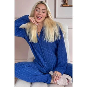 Pijama Evi White Dotted Desenli Önden Düğmeli Peluş Polar Pijama Takımı