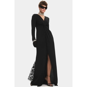NG Style Kadın V Yaka Uzun Kol Düğüm Detaylı Yırtmaçlı Maxi Elbise