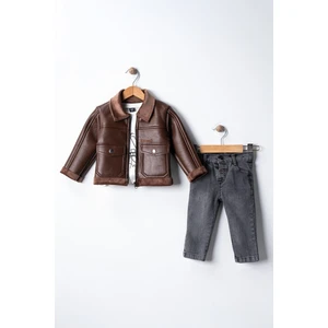 Miniğimin Cicileri (1-8 Yaş) Deri Mont Iç Kaşe Astar Erkek Çocuk 3 lü takım - Kahverengi
