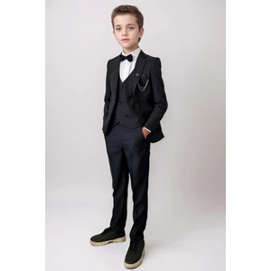 Erkek Çocuk Blazer Ceketli, Cepken Yelekli Siyah Takım Elbise 10-16 Yaş