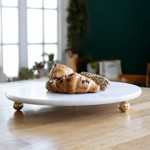 Mermer 25 cm Altın Boncuk Ayaklı Beyaz Yuvarlak Sunum Tabağı