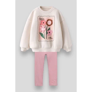 Çiçek Aplike Desenli Kışlık Sweatshirt Tayt Alt-Üst Takım Kız Çocuk
