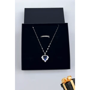 Trend Collection Kadın Paslanmaz Çelik Gümüş Zirkon Taşlı Kalp Kolye ve Taç Yüzük Set (Hediyelik)