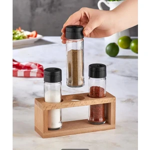 Mars 3 Lü Tuzluk Biberlik Seti Baharatlık, Ahşap Stantlı Baharatlık