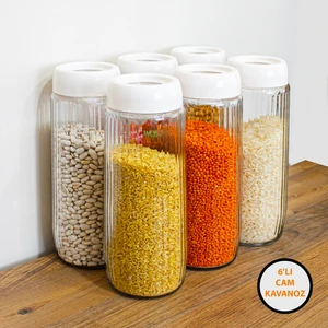 Büyük Mega Boy Çizgili Cam Kavanoz Saklama Kabı Seti 1500 ml Beyaz Kapaklı Baharatlık Takımı 6'lı