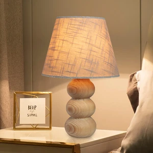 Krem Ahşap Abajur Desenli Modern Şık Yatak Odası Salon Masa Lambası
