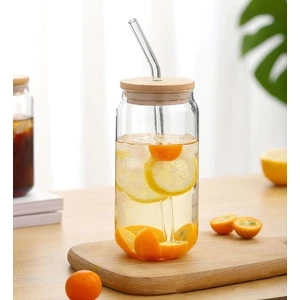 Isıya Dayanıklı Cam Pipetli Ahşap Kapaklı Bubble Tea ve Borosilikat Bardak Kahve Sunum Bardağı 550 ml