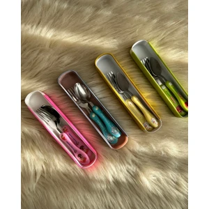 Snow Homs Figürlü Metal Uçlu Kaşık ve Çatal - Mama Kaşığı Okul Beslenme Çantası Seti