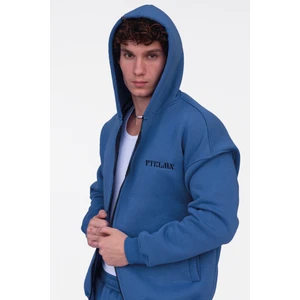 Lacivert Şardonlu Oversize Kapşonlu Fermuarlı Sweatshirt
