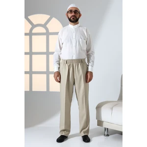 Erkek Rahat Kesim Beli Lastikli Cepli Hac ve Umre Kumaş Şalvar Pantolon - Krem Rengi (Isr)