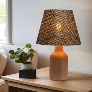 Kahve Ahşap Abajur Hasır Desenli Modern Şık Yatak Odası Salon Masa Lambası