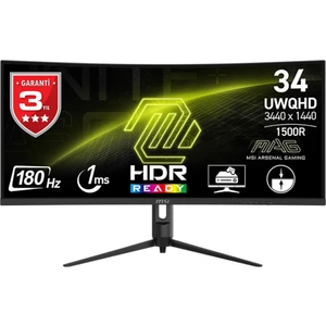 Msı 34 Mag 342CQR E2 3440 x 1440 (Uwqhd) 21:9 Curve 1500R Va 180HZ 1ms (Mprt) Freesync Premıum Gamıng Monıtor