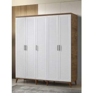 Ücretsiz Montaj - %100 MDF Paris 5 Kapaklı Atlantik Çam Beyaz Gardırop - MDF Dolap - Elbise Dolabı