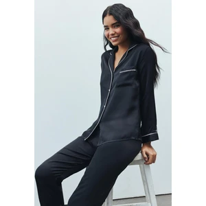 Feu De Elu Amour Saten Siyah Uzun Pijama Takımı