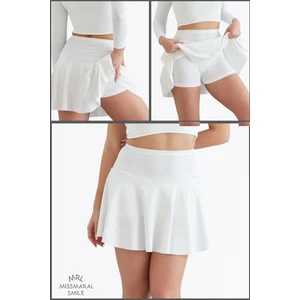 Beyaz / Ekru Etek Içi Sabit Şortlu Yüksek Bel  Skirt With Shorts Casual+Beachwear+Tennis 1101