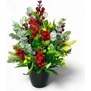 Yapay Çiçek Yılbaşı Çiçeği Kırmızı Kokina ve Pastel Şimşir Siyah Saksıda