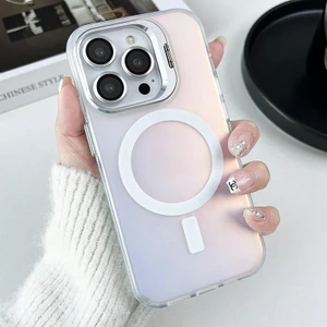 iPhone 16 Pro Kılıf + Lens Koruyucu Set Magsafe Şarj ve Stant Özellikli Mat Hologram Renkli