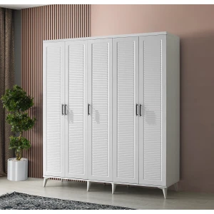 Ücretsiz Montaj - %100 MDF Paris 5 Kapaklı Beyaz Gardırop - MDF Dolap - Elbise Dolabı